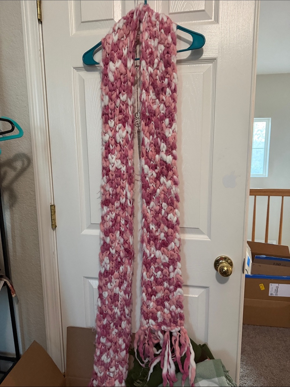 Cozy Pink & White Chunky Knit Scarf by